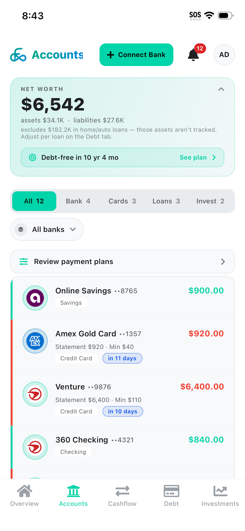 finikigai Accounts screen with net worth