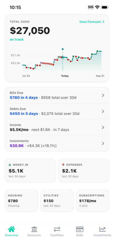 finikigai 30-day balance forecast on iPhone