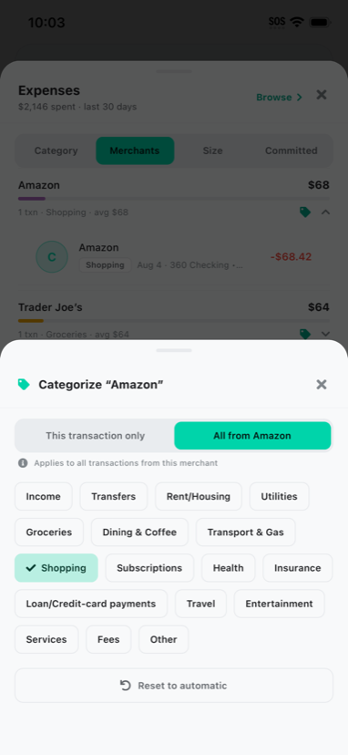 finikigai recategorize a merchant's transactions